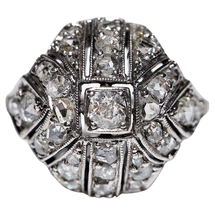 Antique Circa 1900s 8k Gold Top Silver Natural Diamond Decorated Ring  For Sale
