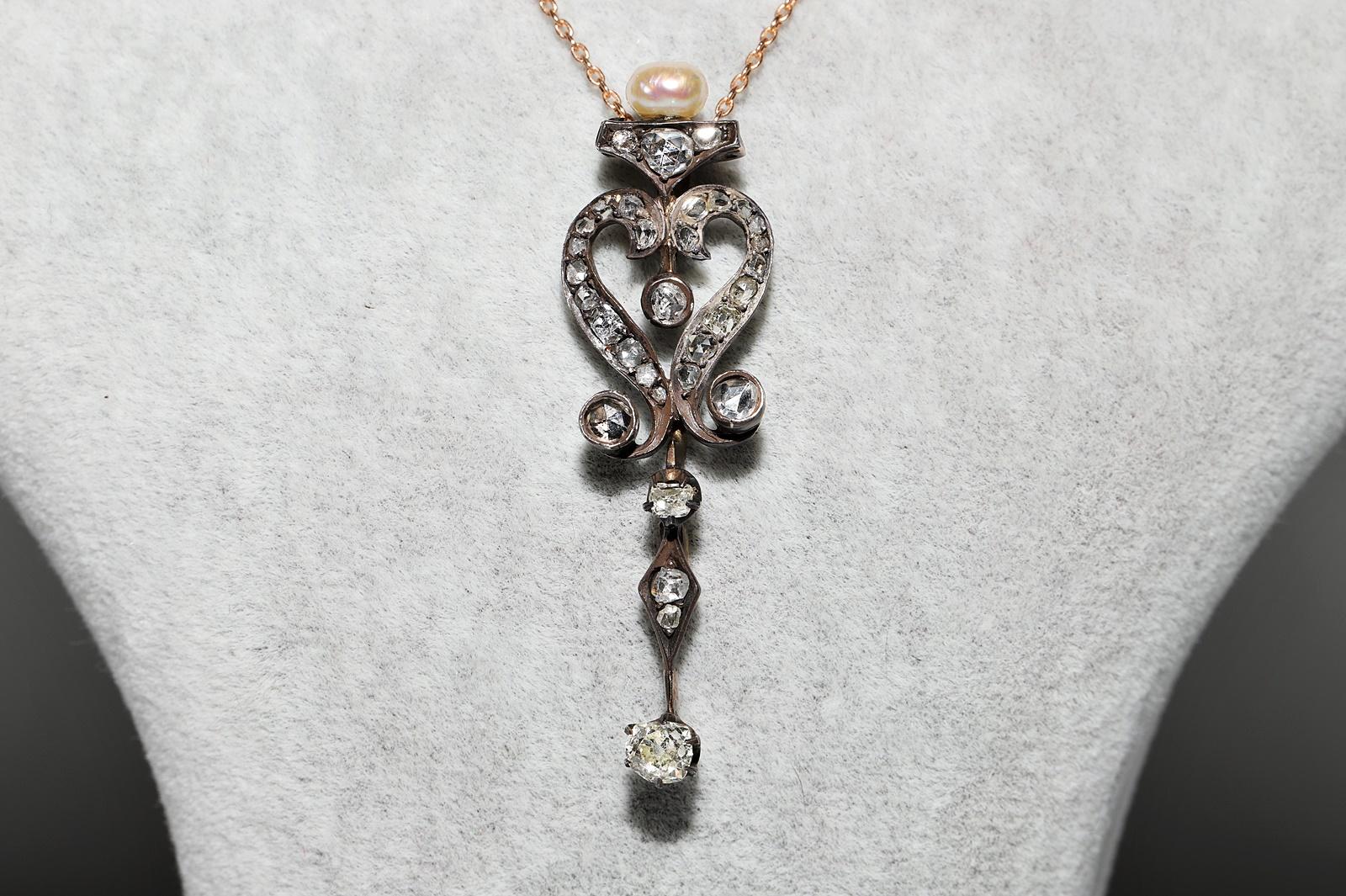 Antique Circa 1900s 8k Gold Top Silver Natural Diamond Pendant Necklace For Sale 4