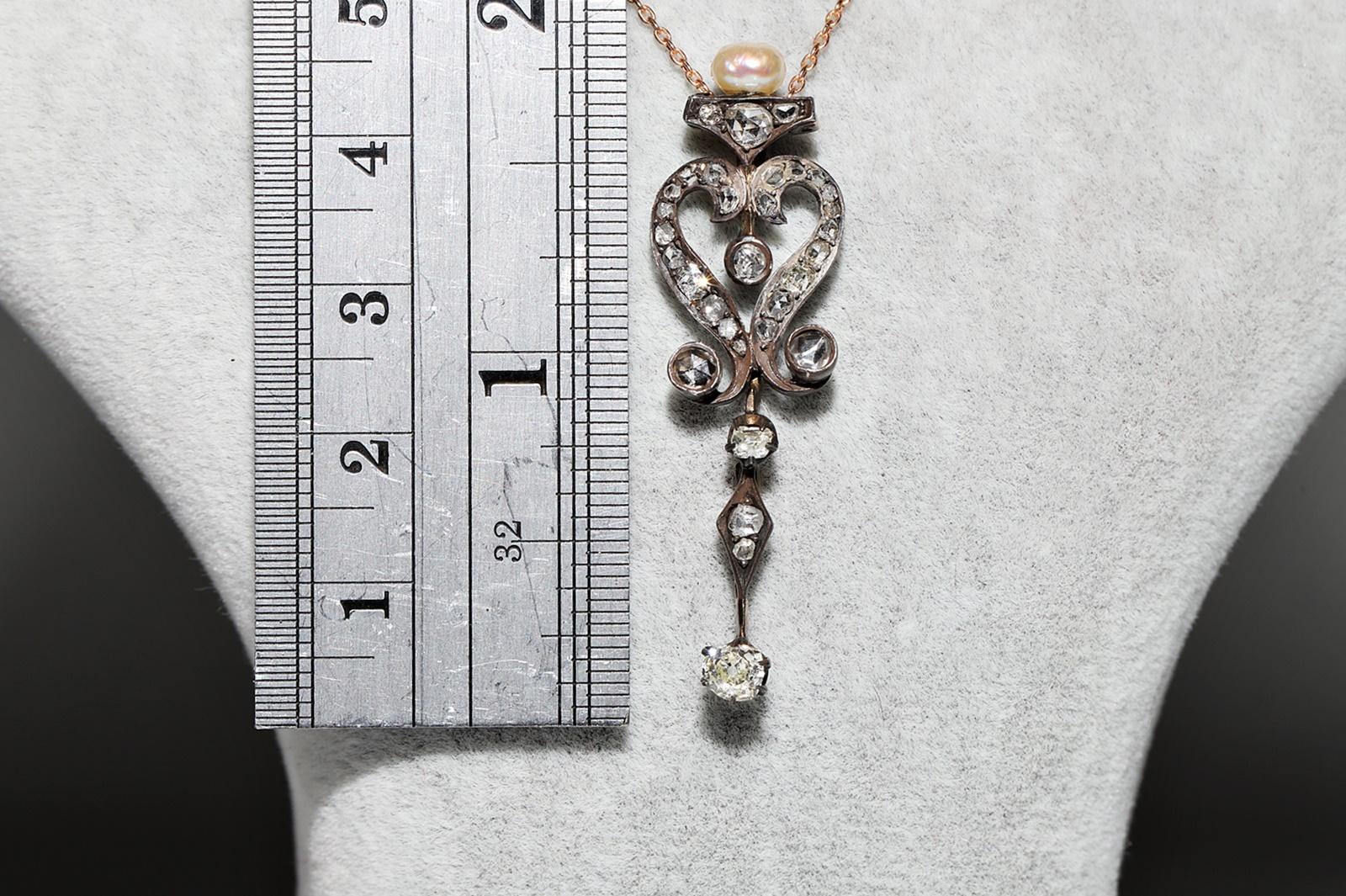 Antique Circa 1900s 8k Gold Top Silver Natural Diamond Pendant Necklace For Sale 5
