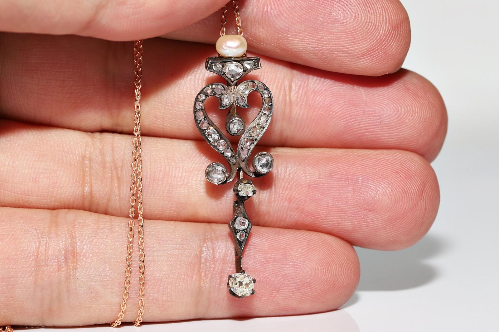 Antique Circa 1900s 8k Gold Top Silver Natural Diamond Pendant Necklace For Sale 7