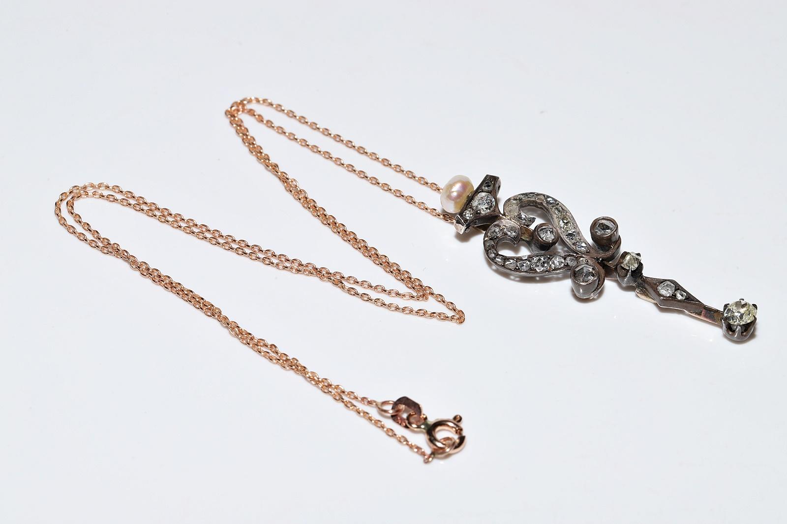 Women's Antique Circa 1900s 8k Gold Top Silver Natural Diamond Pendant Necklace For Sale