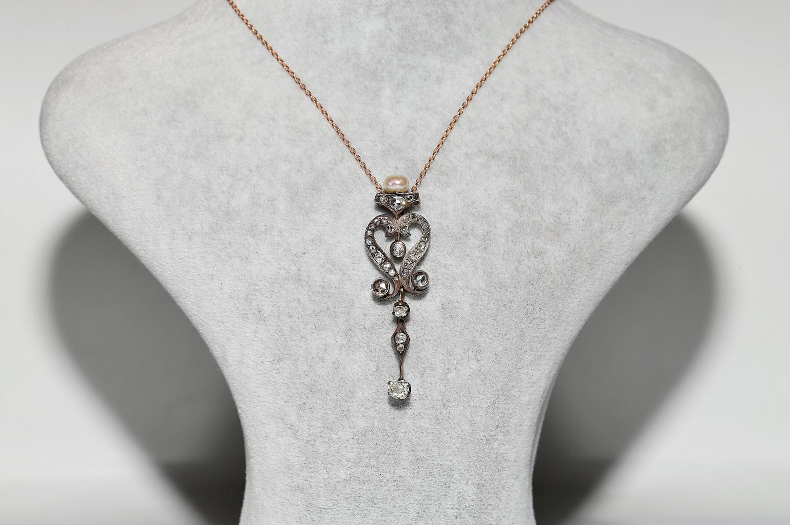 Antique Circa 1900s 8k Gold Top Silver Natural Diamond Pendant Necklace For Sale 2