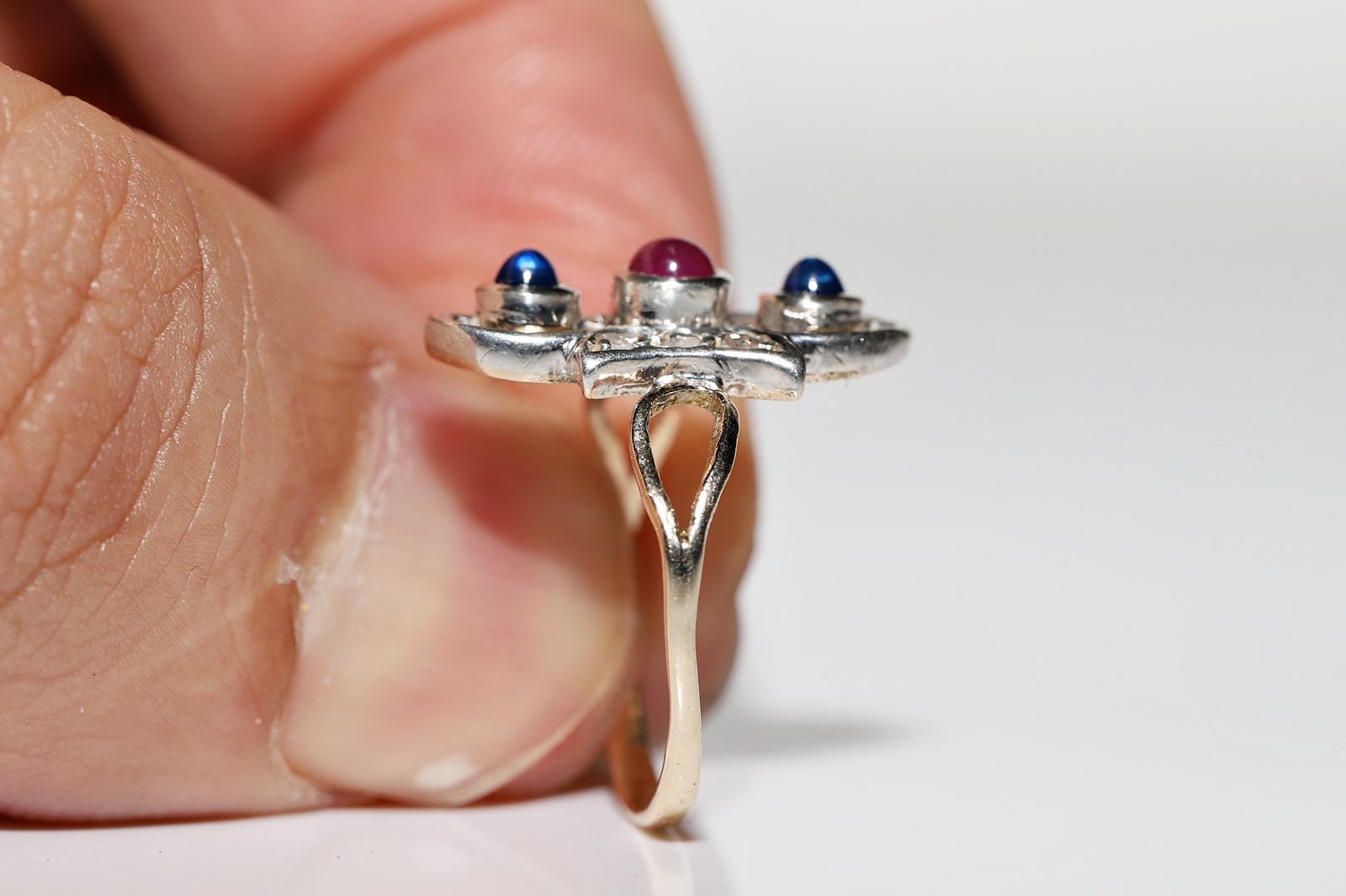 Antiker Ring, um 1900, 8 Karat Gold, Platin, Silber, natürlicher Diamant, Saphir und Rubin im Angebot 6