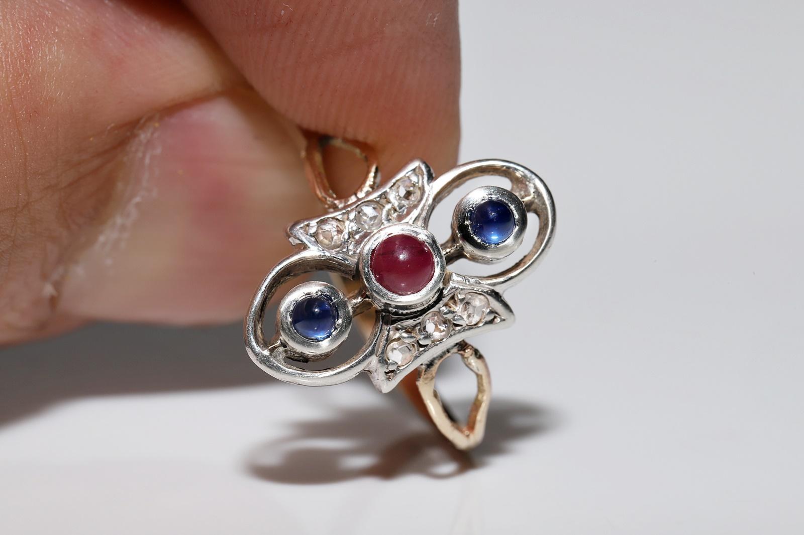 Antique Circa 1900s 8k Gold Top Silver Natural Diamond Sapphire And Ruby Ring For Sale 9