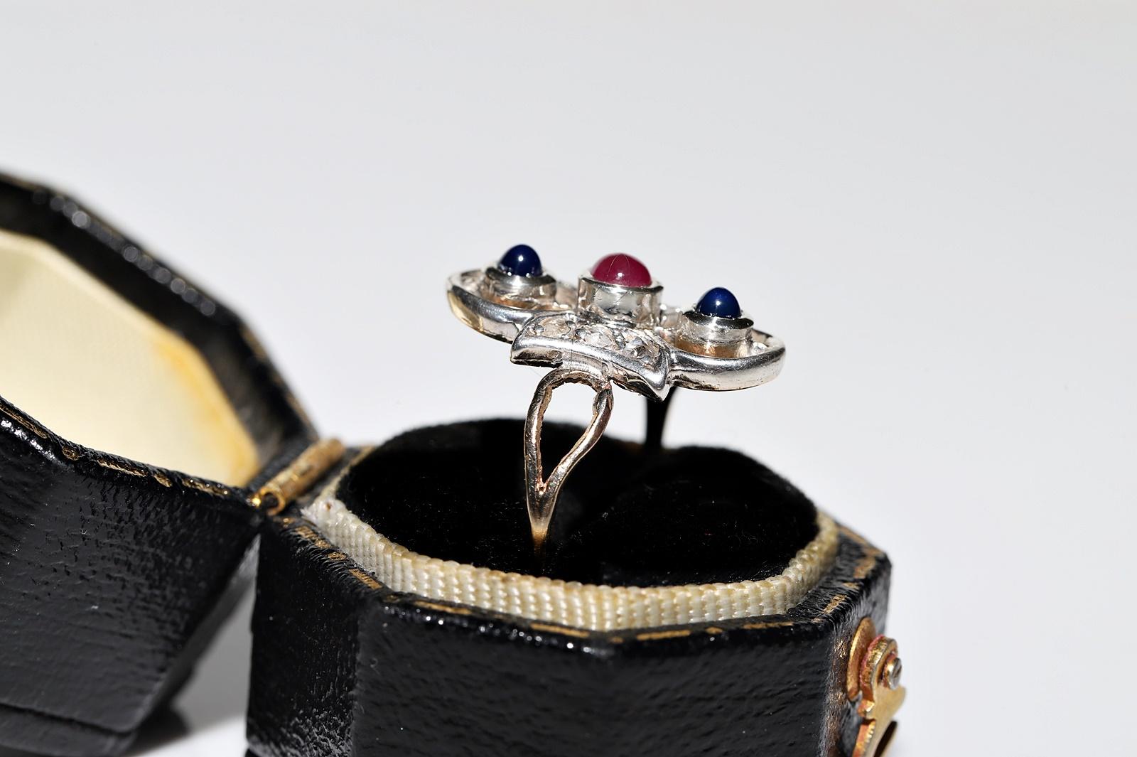 Women's Antique Circa 1900s 8k Gold Top Silver Natural Diamond Sapphire And Ruby Ring For Sale