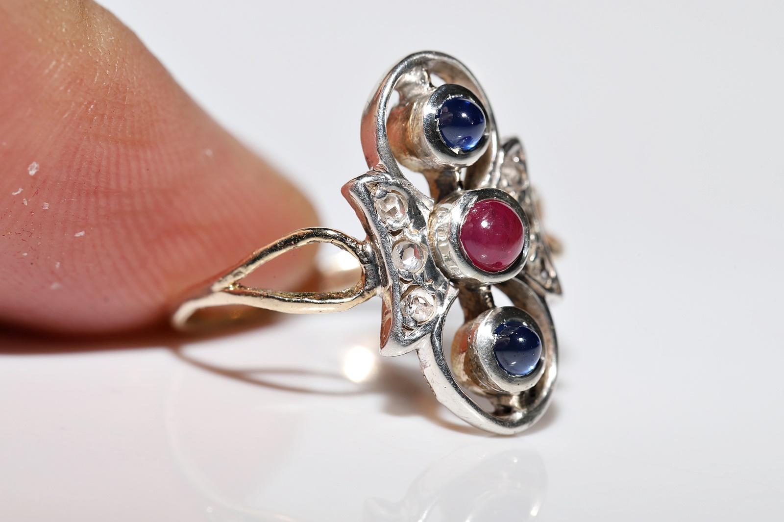 Antique Circa 1900s 8k Gold Top Silver Natural Diamond Sapphire And Ruby Ring For Sale 2