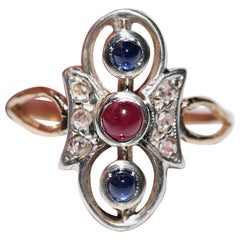 Anello antico del 1900 in oro 8k e argento con diamante naturale, zaffiro e rubino