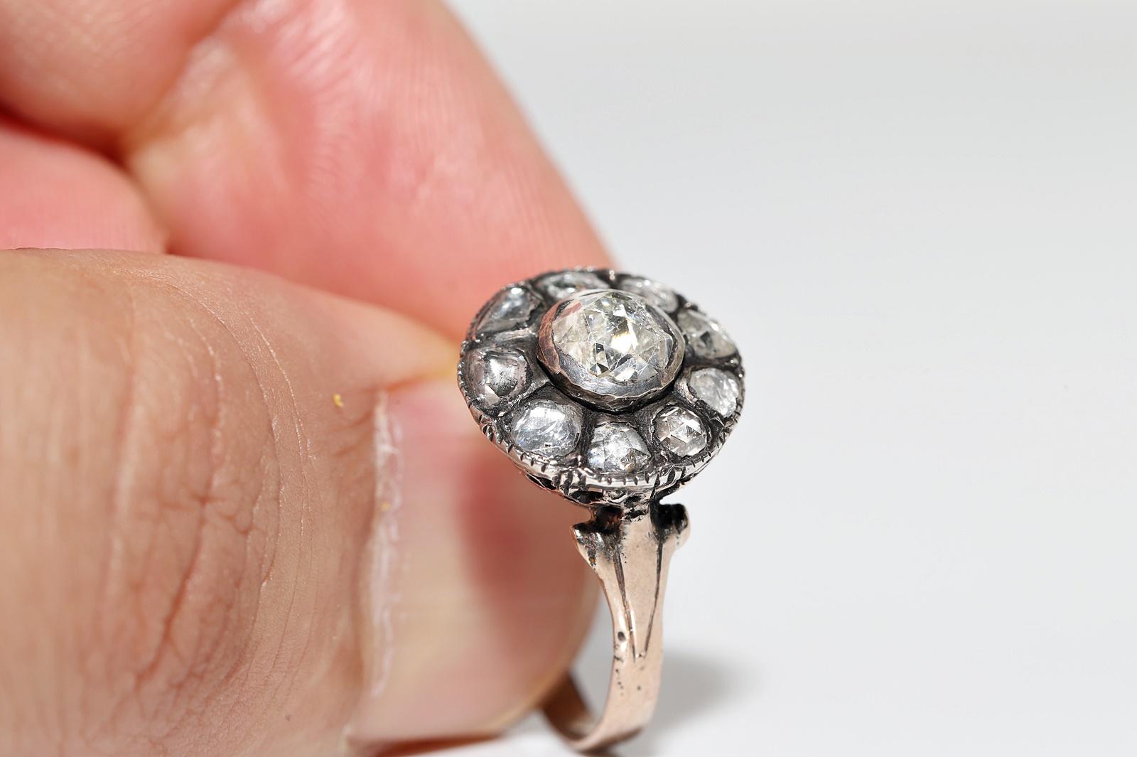 Antique Circa 1900s 8k Gold Top Silver Natural Rose Cut Diamond Decorated Ring For Sale 6