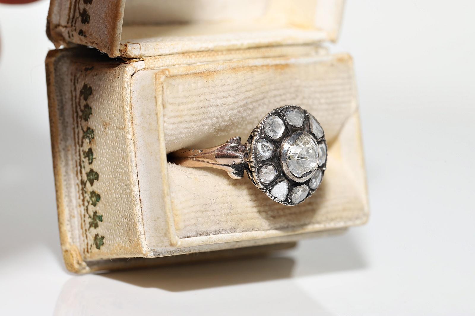 Victorian Antique Circa 1900s 8k Gold Top Silver Natural Rose Cut Diamond Decorated Ring For Sale