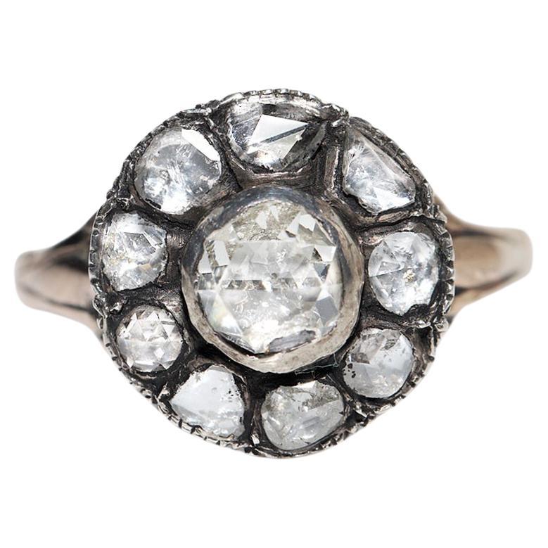 Antiker 8k Gold Top Silber Natürlicher Rosenschliff Diamant Dekorierter Ring, um 1900er Jahre
