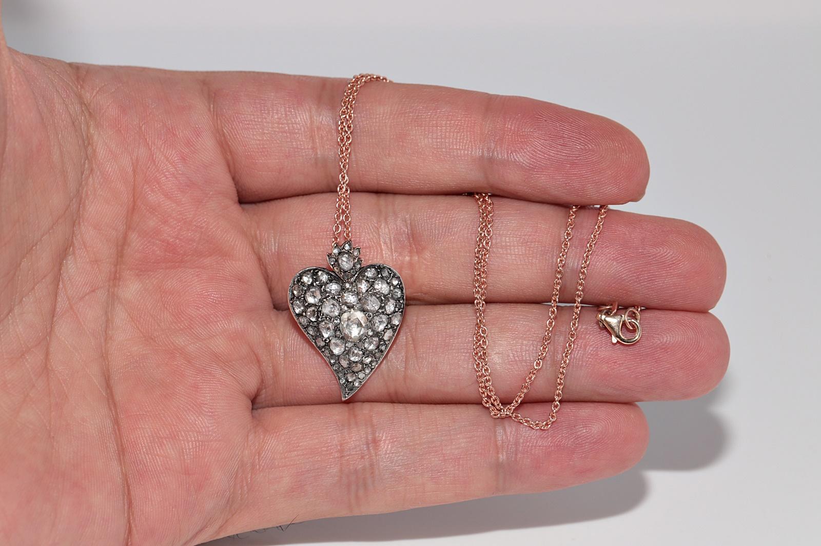 Antique Circa 1900s 8k Gold Top Silver Natural Rose Cut Diamond Heart Necklace en vente 4
