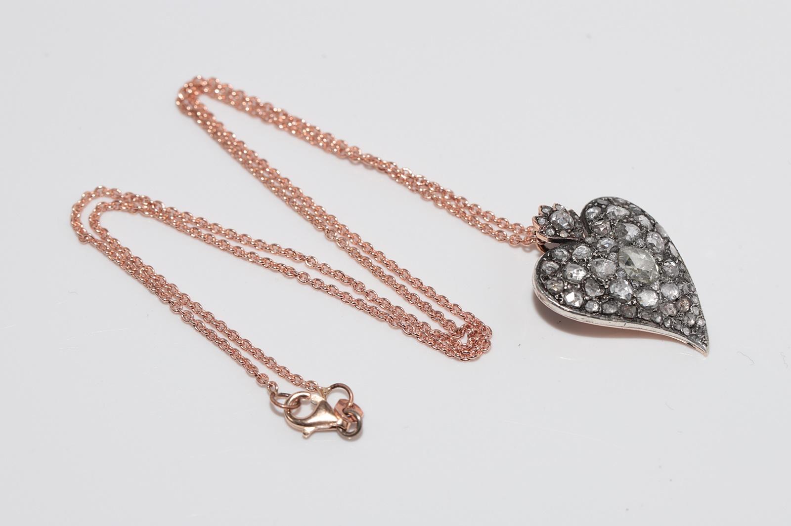 Antique Circa 1900s 8k Gold Top Silver Natural Rose Cut Diamond Heart Necklace en vente 8