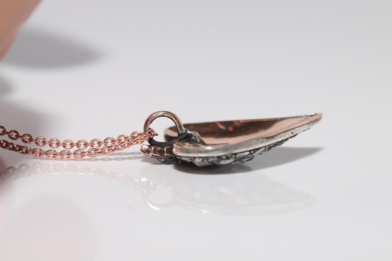 Antique Circa 1900s 8k Gold Top Silver Natural Rose Cut Diamond Heart Necklace en vente 10