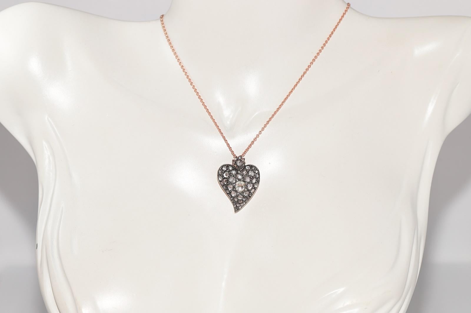 Victorien Antique Circa 1900s 8k Gold Top Silver Natural Rose Cut Diamond Heart Necklace en vente