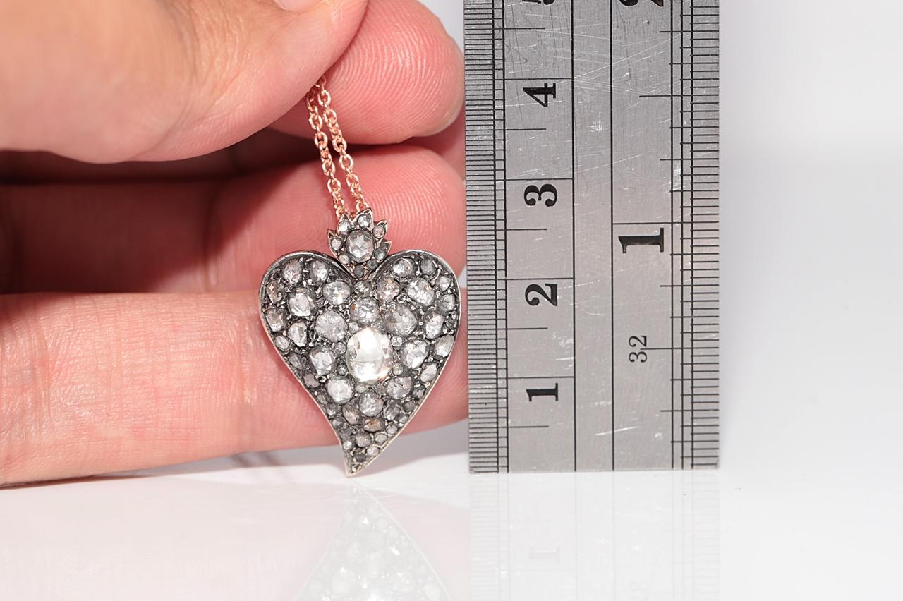 Antique Circa 1900s 8k Gold Top Silver Natural Rose Cut Diamond Heart Necklace Pour femmes en vente