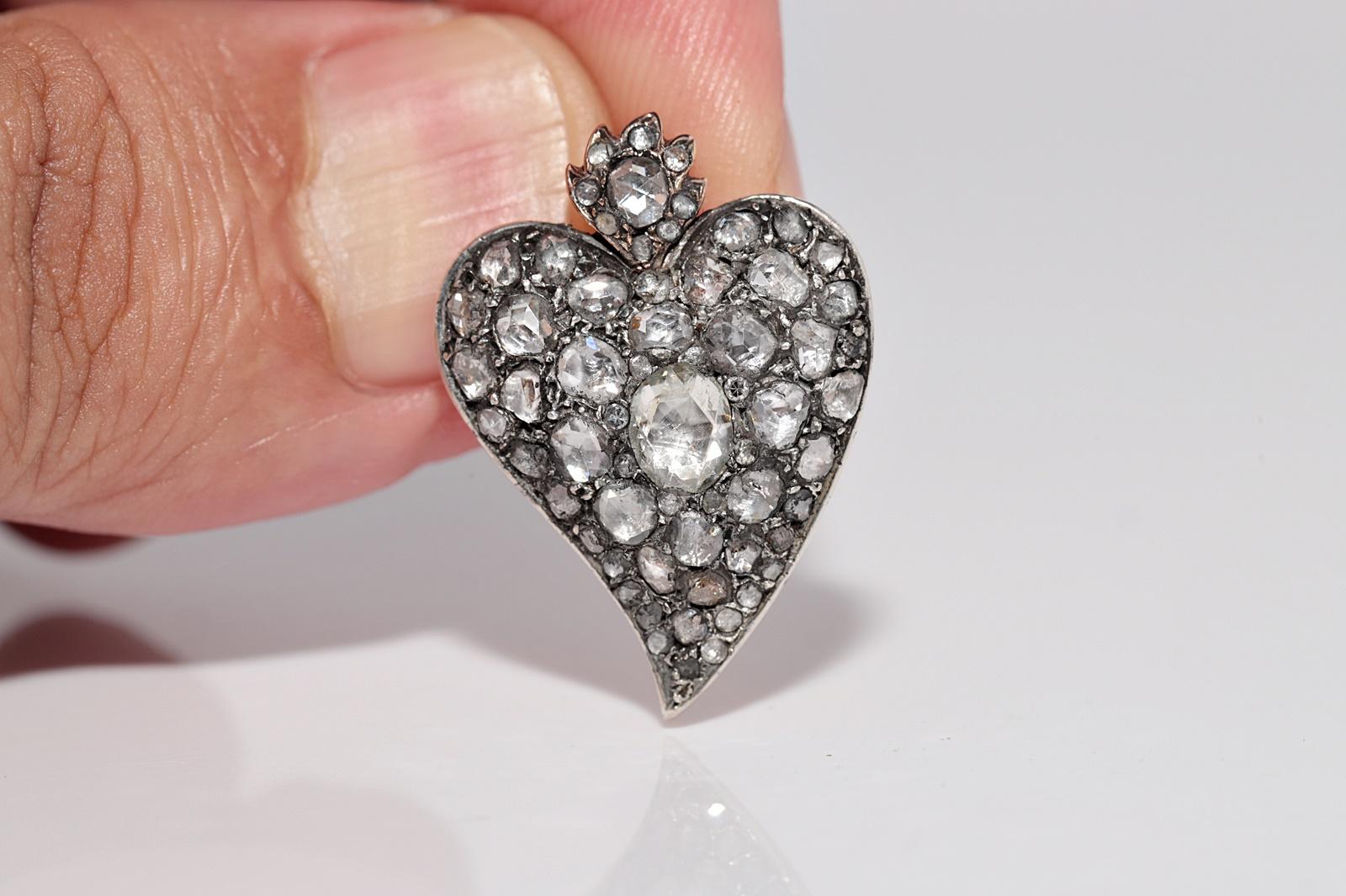 Antique Circa 1900s 8k Gold Top Silver Natural Rose Cut Diamond Heart Necklace en vente 1