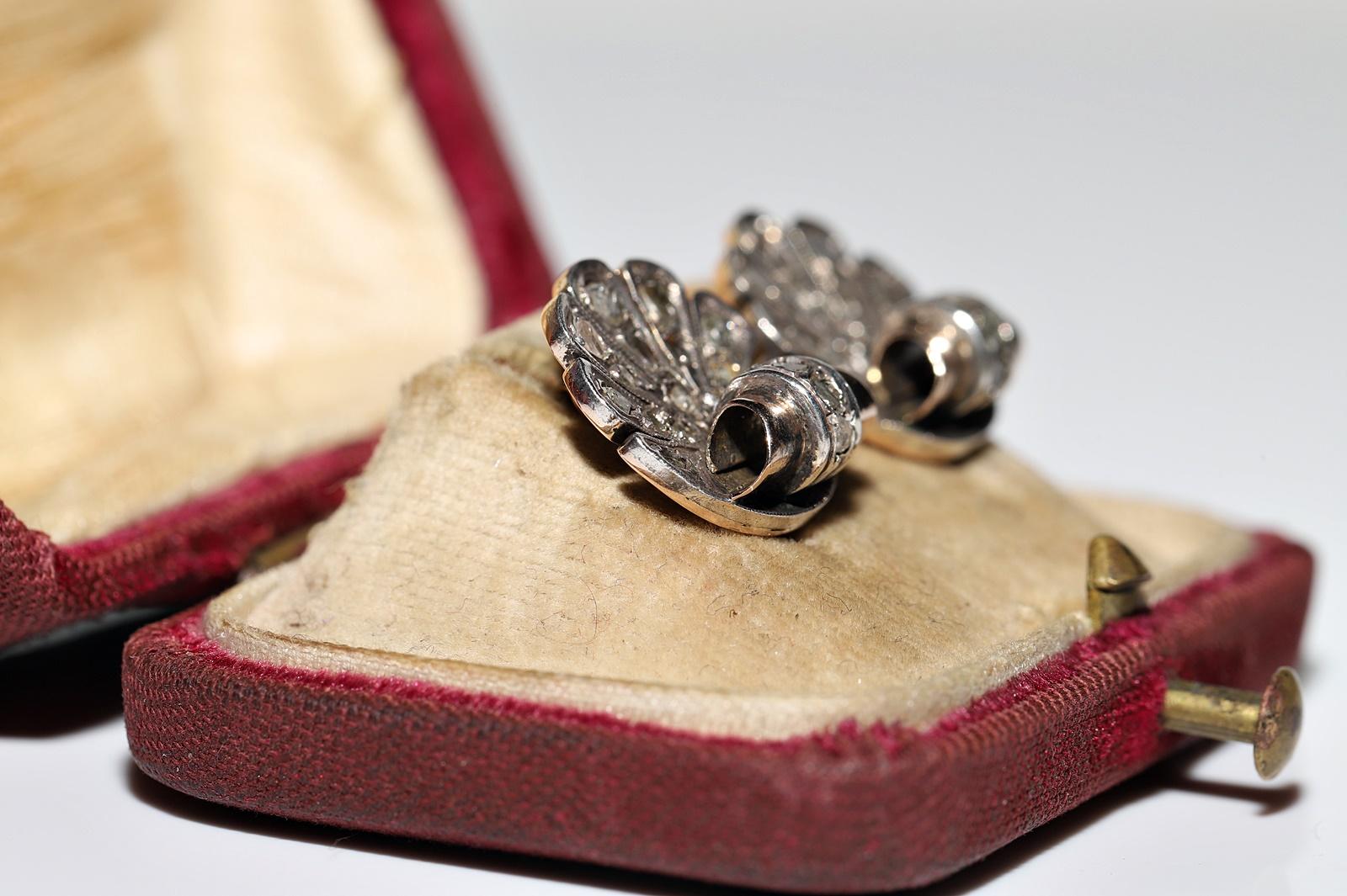 Late Victorian Antique Circa 1900s 8k Gold Top Silver Natural Rose Cut Diamond Shell Earring  For Sale