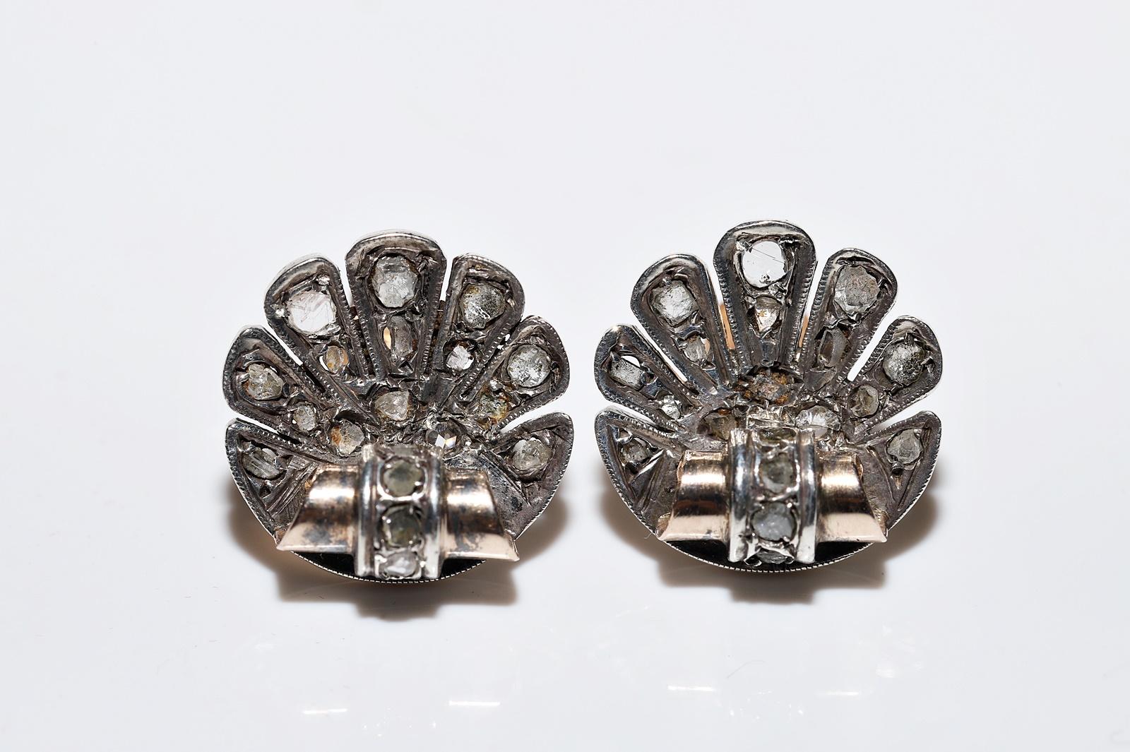 Antique Circa 1900s 8k Gold Top Silver Natural Rose Cut Diamond Shell Earring  In Good Condition For Sale In Fatih/İstanbul, 34