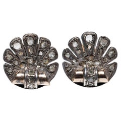 Antique Circa 1900s 8k Gold Top Silver Natural Rose Cut Diamond Shell Earring 