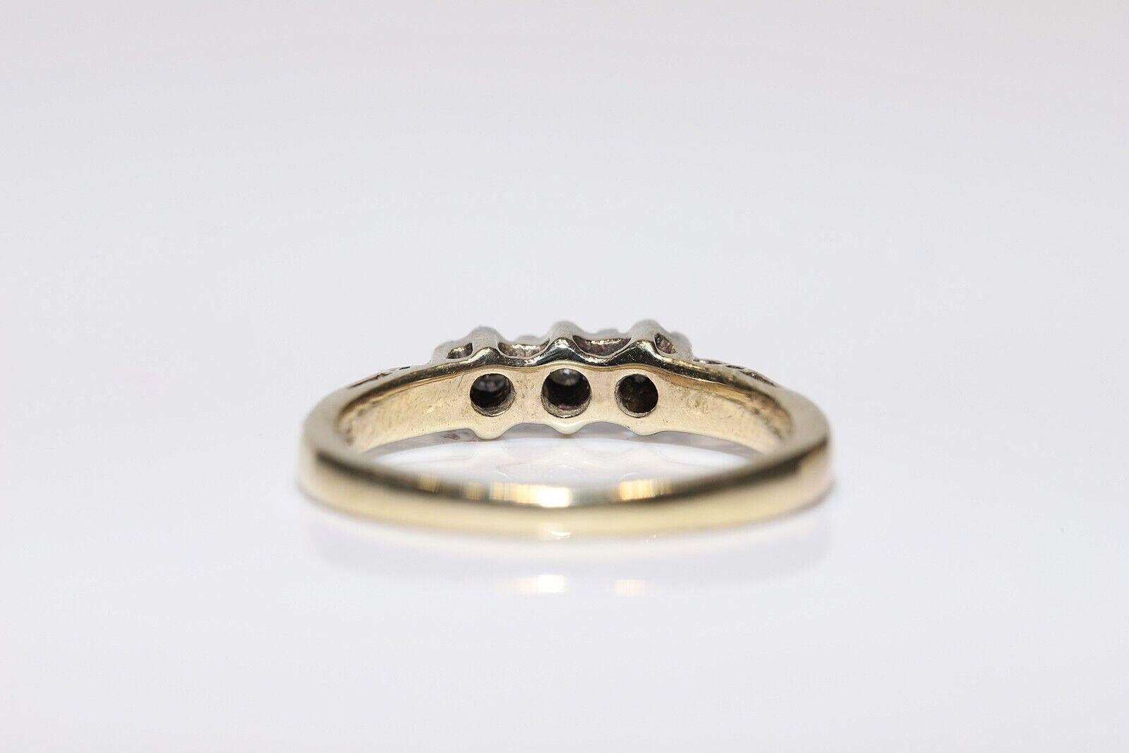 Brilliant Cut Antique Circa 1900s 9k Gold Natural Diamond Decorated Three Stone Ring For Sale