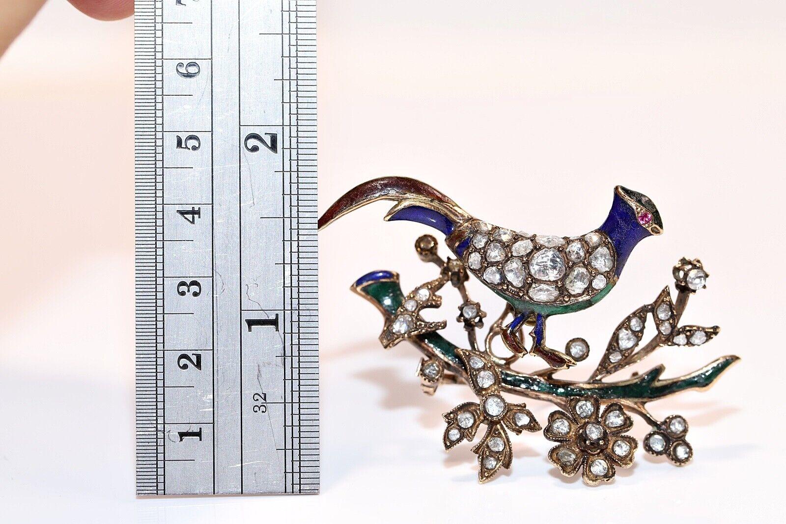 Victorien tardif Broche ancienne des années 1900 en or 9 carats, diamants naturels taille rose et émail en vente