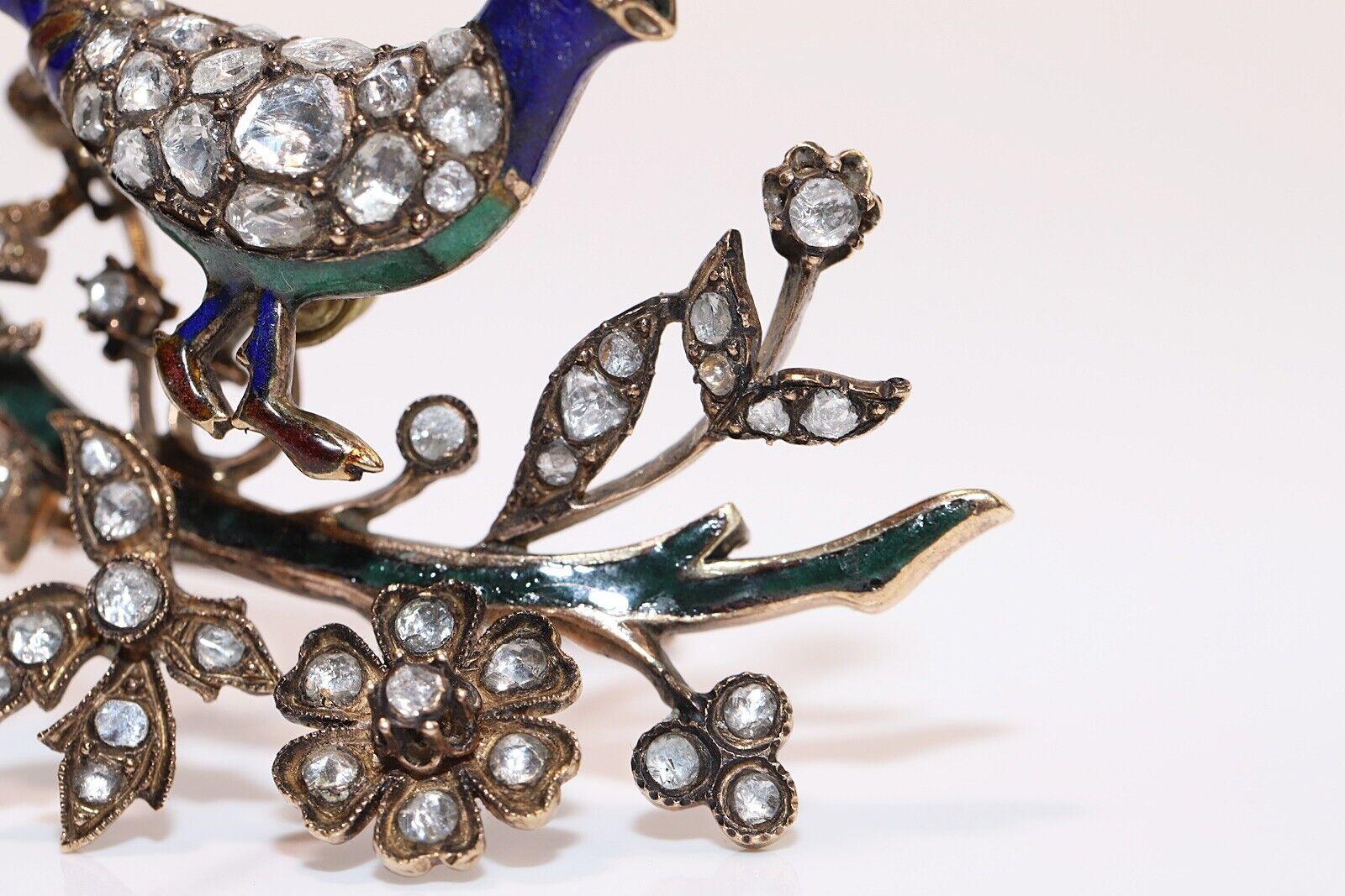 Broche ancienne des années 1900 en or 9 carats, diamants naturels taille rose et émail Bon état - En vente à Fatih/İstanbul, 34