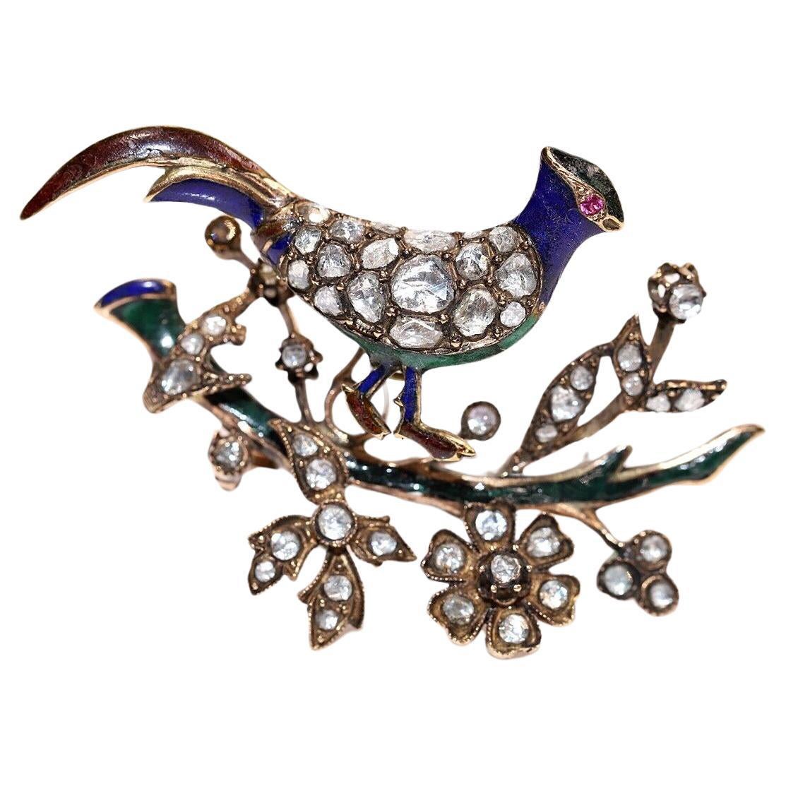 Antiguo broche de esmalte y diamantes naturales talla rosa de oro de 9 quilates de la década de 1900