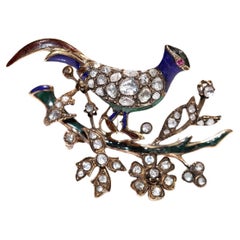 Spilla antica CIRCA 1900 in oro 9k con diamanti naturali taglio rosa e smalto
