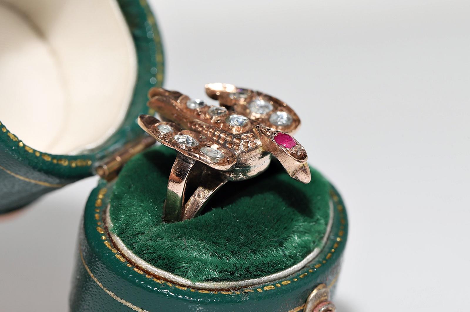 Victorian Antique Circa 1900s 9k Gold Natural Rose Cut Diamond And Ruby Bird Ring For Sale