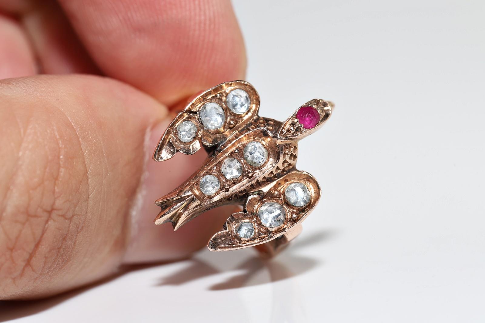 Antique Circa 1900s 9k Gold Natural Rose Cut Diamond And Ruby Bird Ring For Sale 1