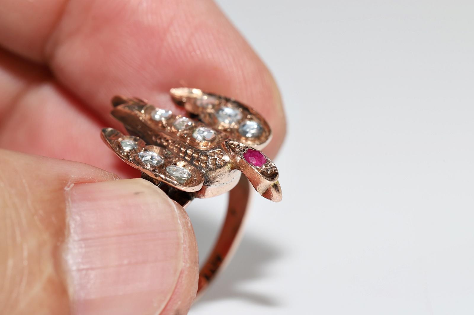 Antique Circa 1900s 9k Gold Natural Rose Cut Diamond And Ruby Bird Ring For Sale 4