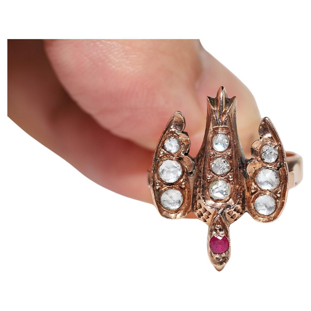 Antique Circa 1900s 9k Gold Natural Rose Cut Diamond And Ruby Bird Ring For Sale