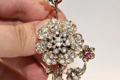 Antique Circa 1900s 9k Gold Natural Rose Cut Diamond And Ruby Emerald Brooch
