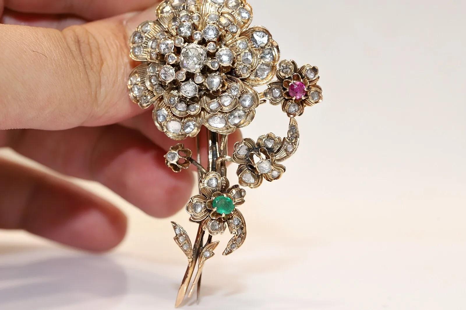 Late Victorian Antique Circa 1900s 9k Gold Natural Rose Cut Diamond And Ruby Emerald Brooch For Sale