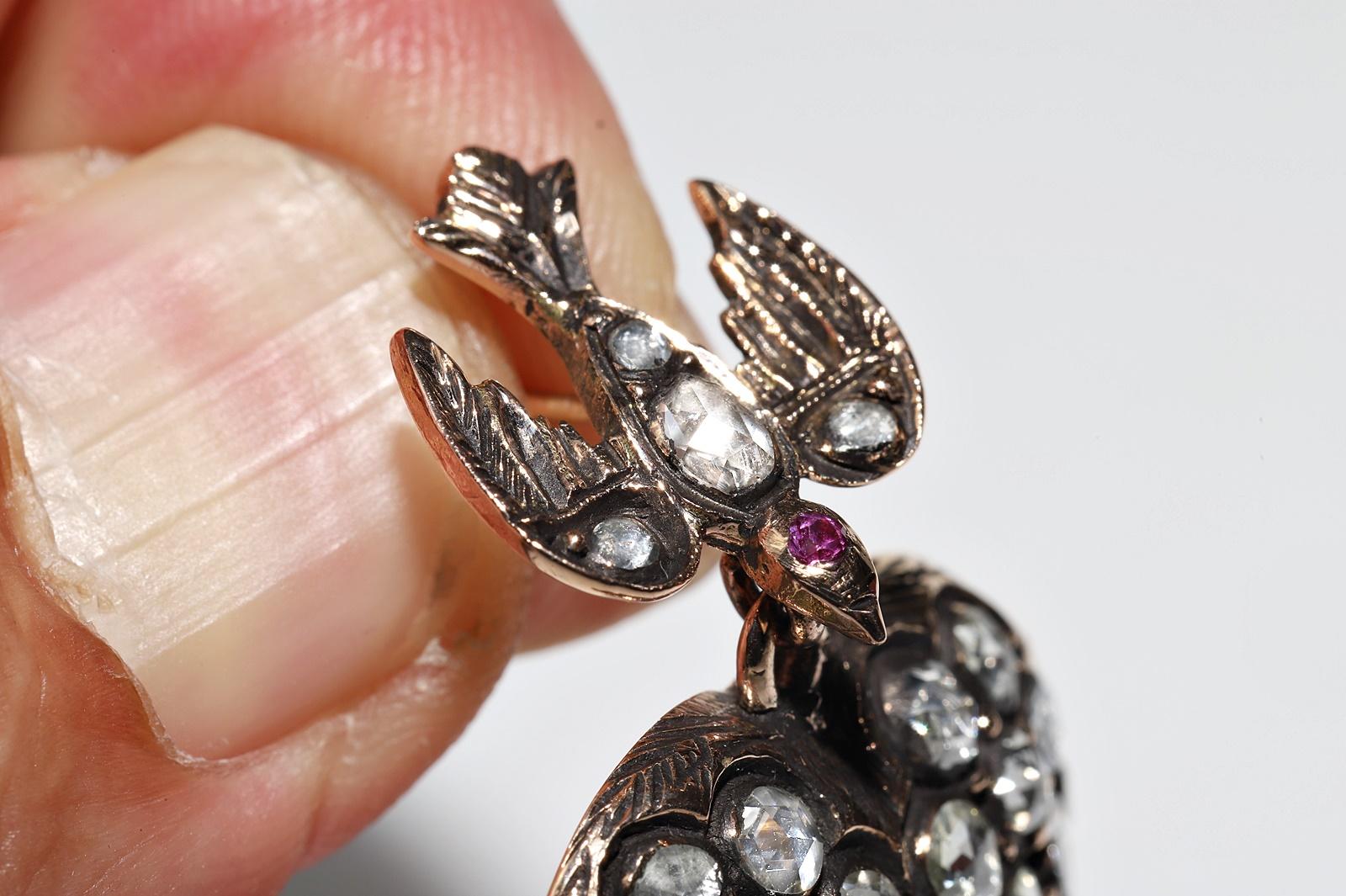 Pendentif cœur oiseau ancien des années 1900 en or 9 carats avec diamants naturels taille rose Bon état - En vente à Fatih/İstanbul, 34