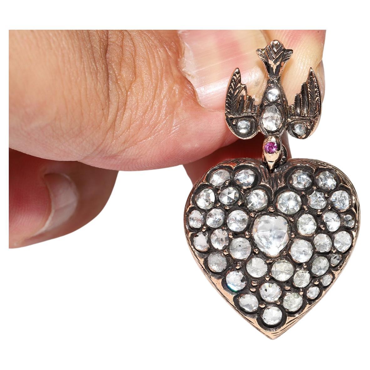 Antiguo Colgante Corazón de Pájaro de Diamante Natural talla Rosa de Oro de 9k Circa 1900s