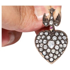 Antique Circa 1900s 9k Gold Natural Rose Cut Diamond Bird Heart Pendant