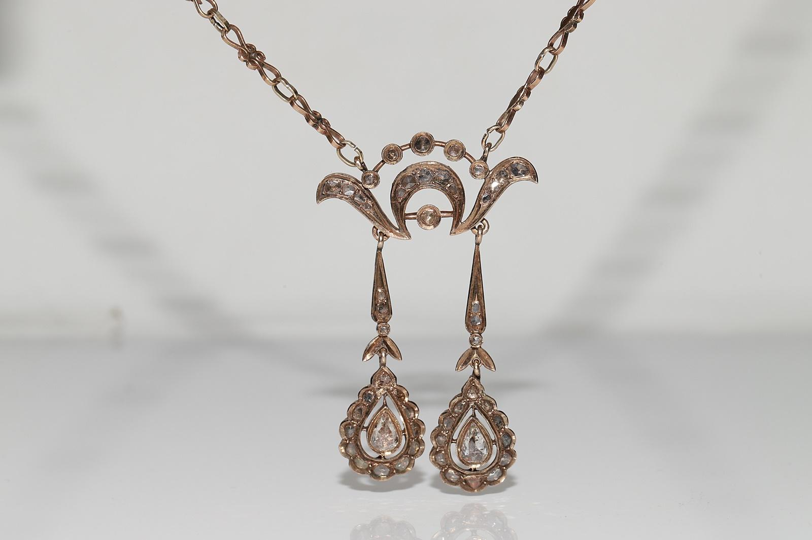 Antique Circa 1900s 9k Gold Natural Rose Cut Diamond Decorated Pendant Necklace For Sale 5