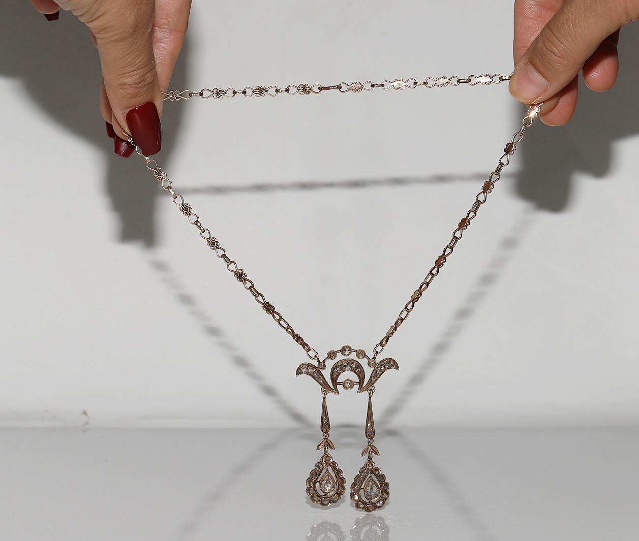 Antique Circa 1900s 9k Gold Natural Rose Cut Diamond Decorated Pendant Necklace For Sale 6