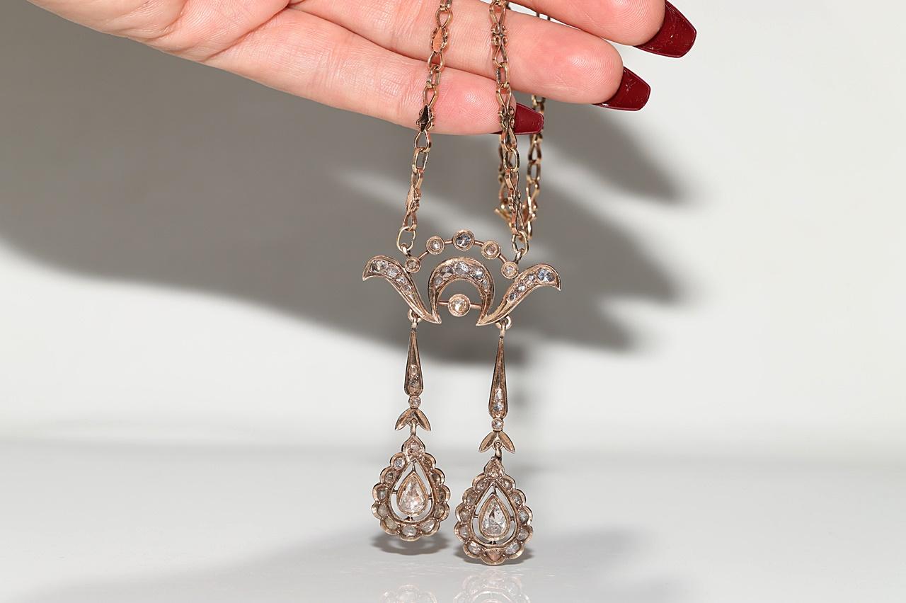 Antique Circa 1900s 9k Gold Natural Rose Cut Diamond Decorated Pendant Necklace For Sale 7