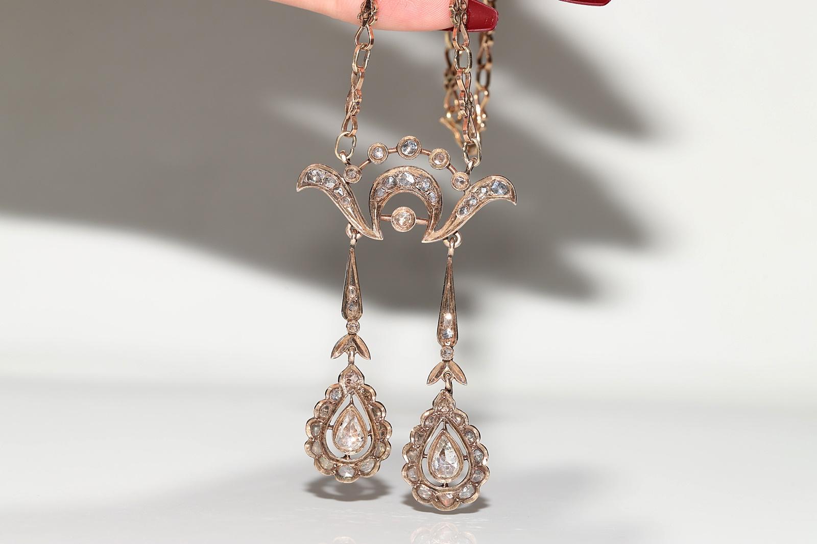 Antique Circa 1900s 9k Gold Natural Rose Cut Diamond Decorated Pendant Necklace For Sale 8