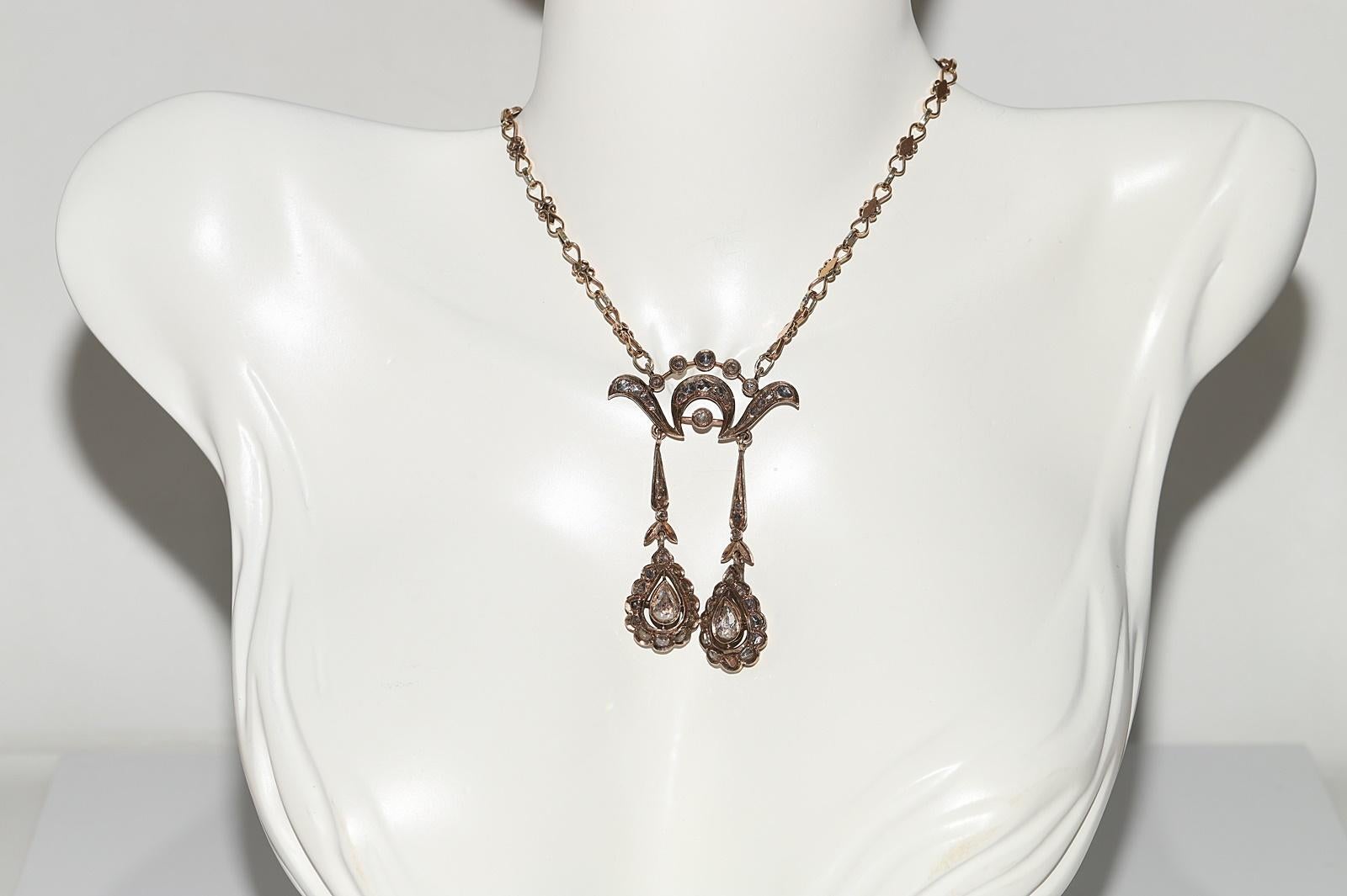 Victorian Antique Circa 1900s 9k Gold Natural Rose Cut Diamond Decorated Pendant Necklace For Sale