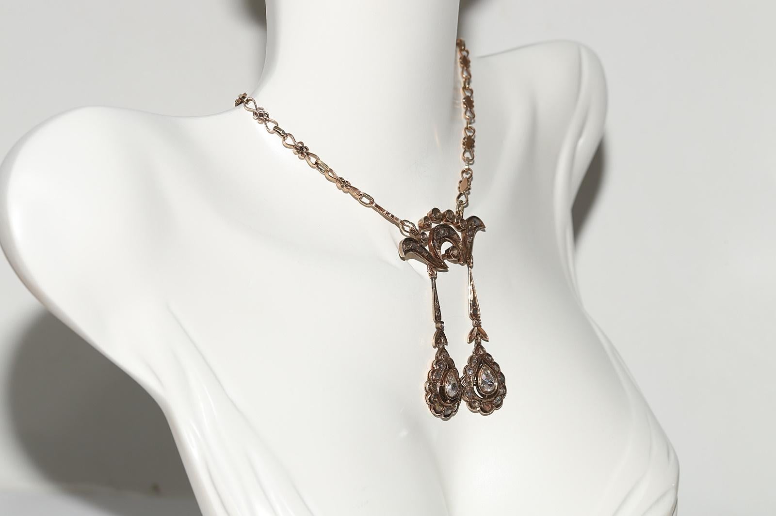 Antique Circa 1900s 9k Gold Natural Rose Cut Diamond Decorated Pendant Necklace In Good Condition For Sale In Fatih/İstanbul, 34