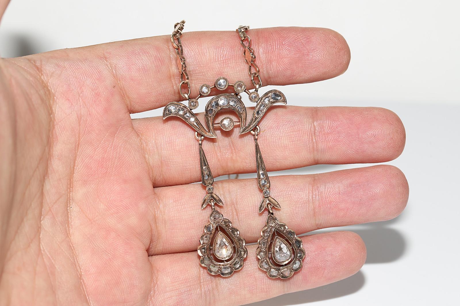 Women's Antique Circa 1900s 9k Gold Natural Rose Cut Diamond Decorated Pendant Necklace For Sale