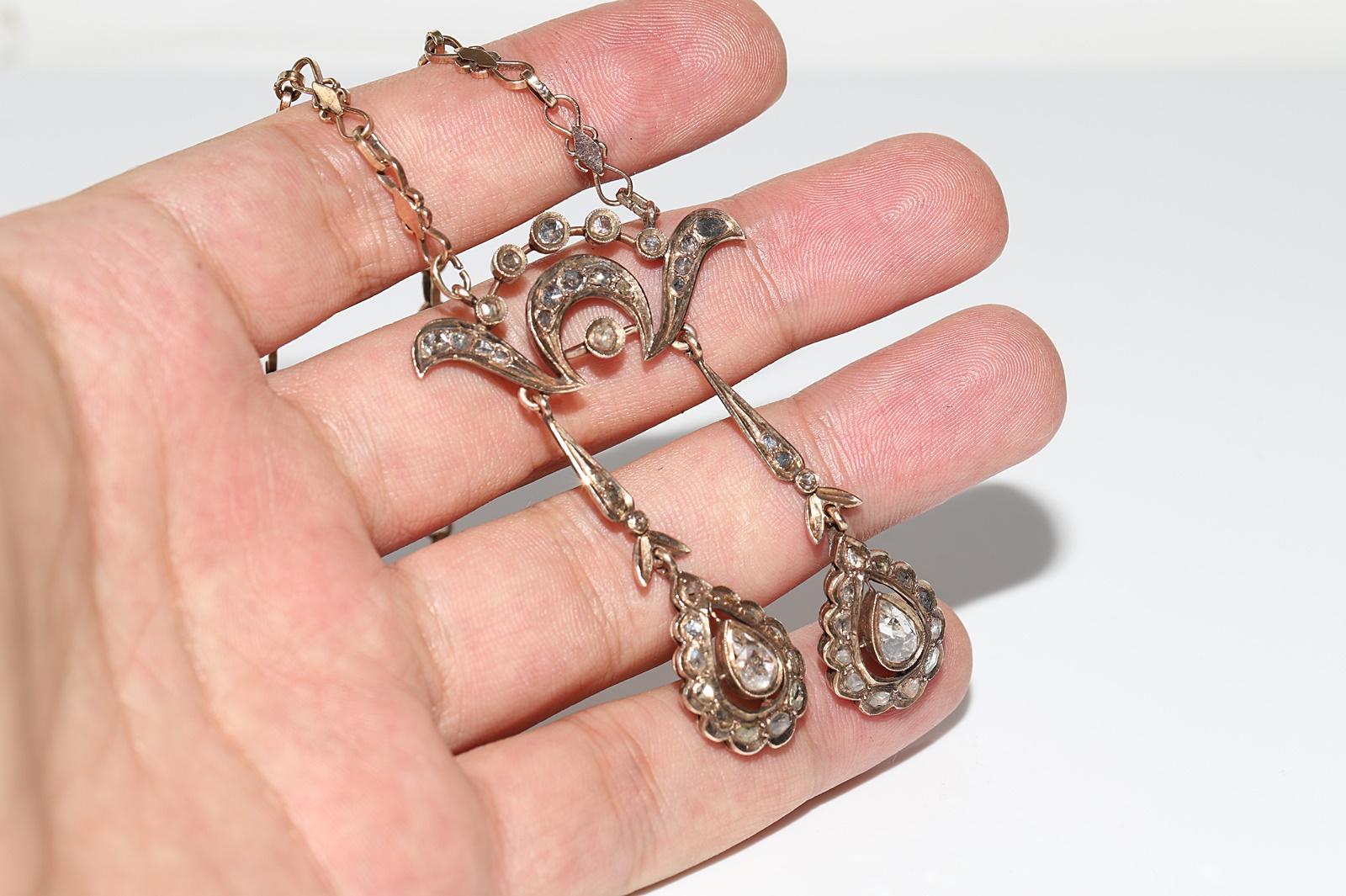 Antique Circa 1900s 9k Gold Natural Rose Cut Diamond Decorated Pendant Necklace For Sale 2