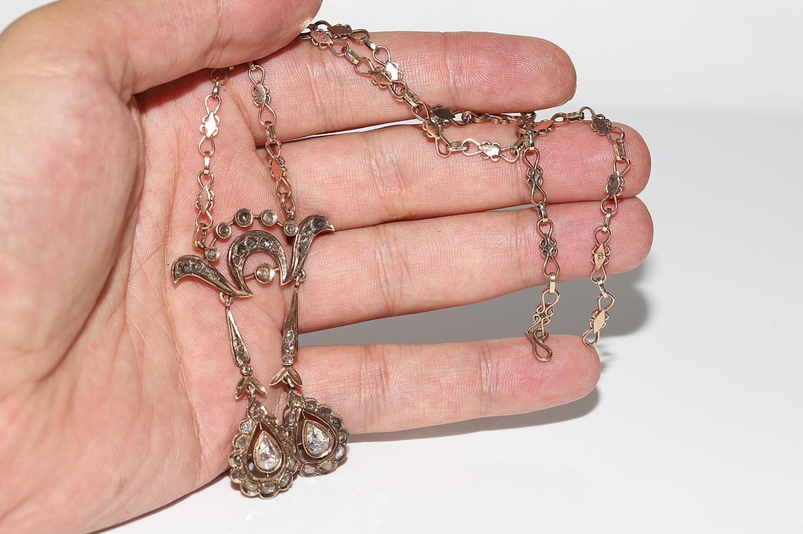 Antique Circa 1900s 9k Gold Natural Rose Cut Diamond Decorated Pendant Necklace For Sale 3