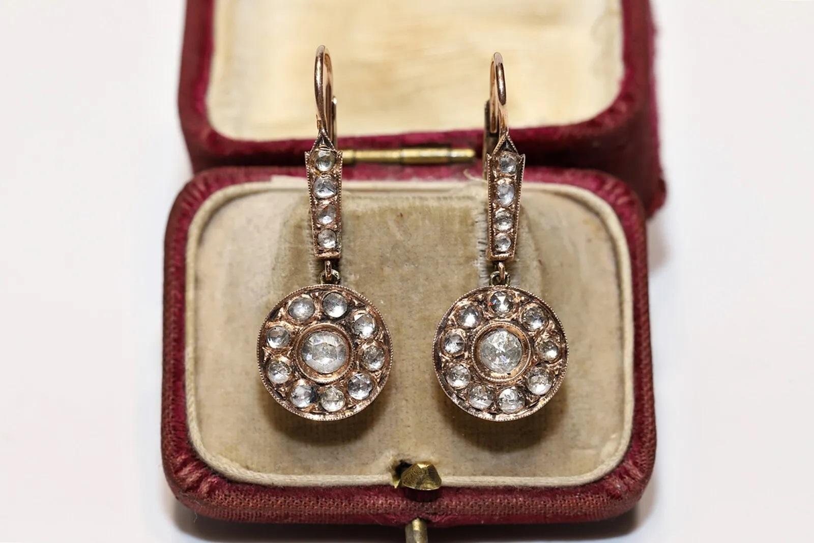 Antique Circa 1900s 9k Gold Natural Rose Cut Diamond Drop Earring  For Sale 7