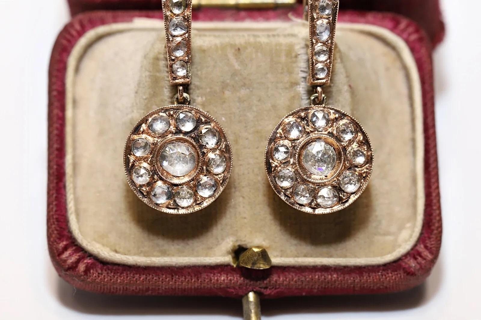 Antique Circa 1900s 9k Gold Natural Rose Cut Diamond Drop Earring  For Sale 8