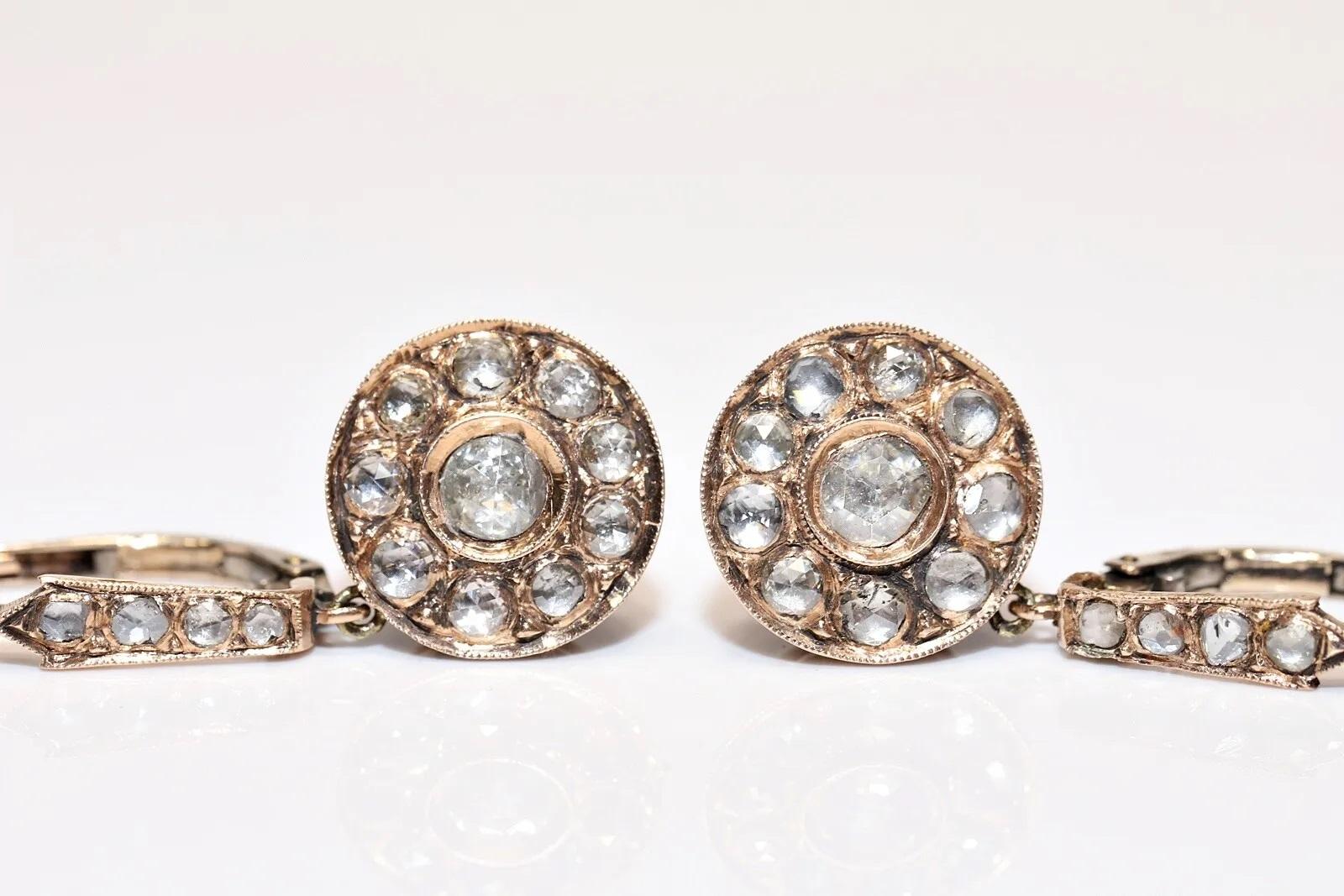 Antique Circa 1900s 9k Gold Natural Rose Cut Diamond Drop Earring  For Sale 1