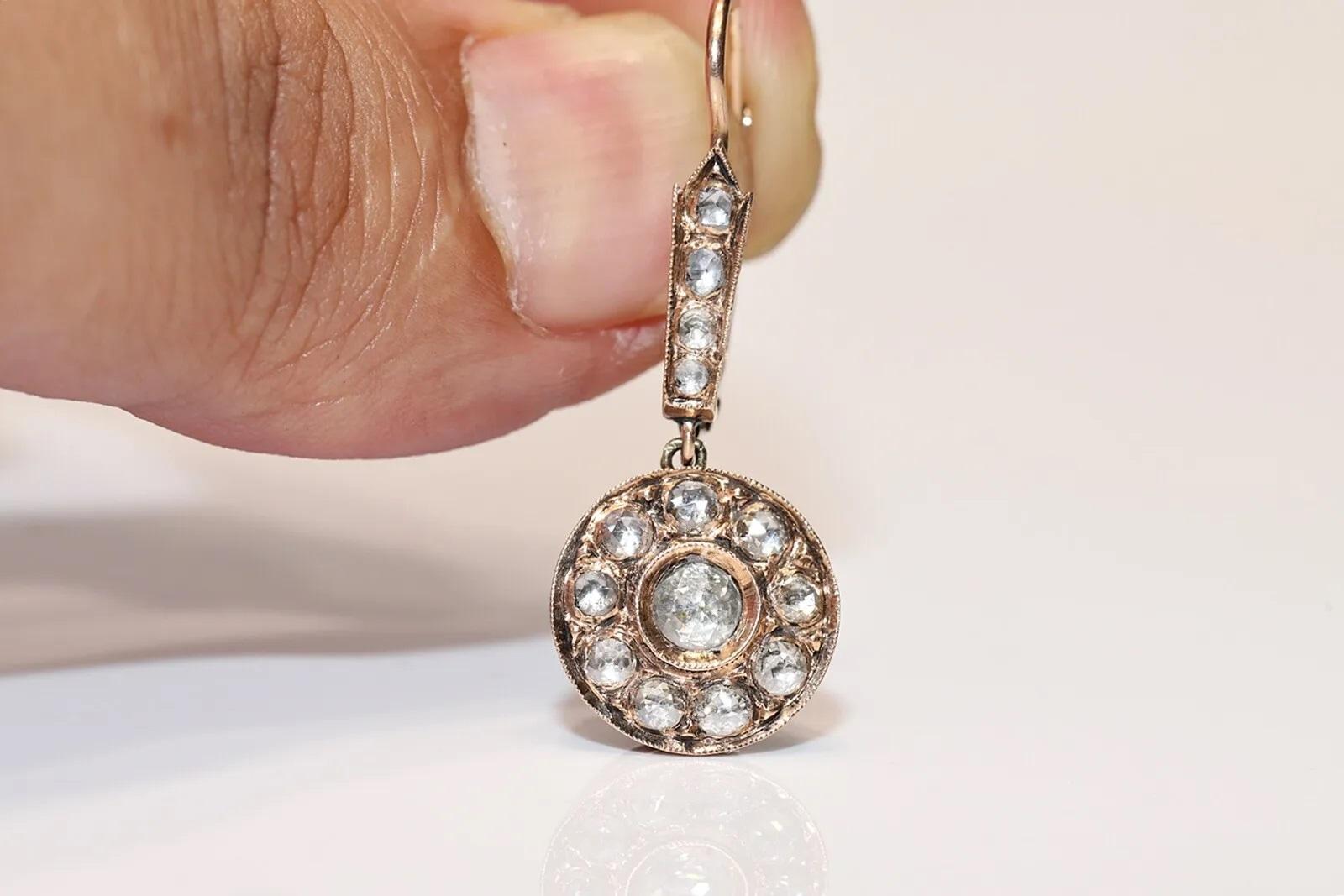 Antique Circa 1900s 9k Gold Natural Rose Cut Diamond Drop Earring  For Sale 4